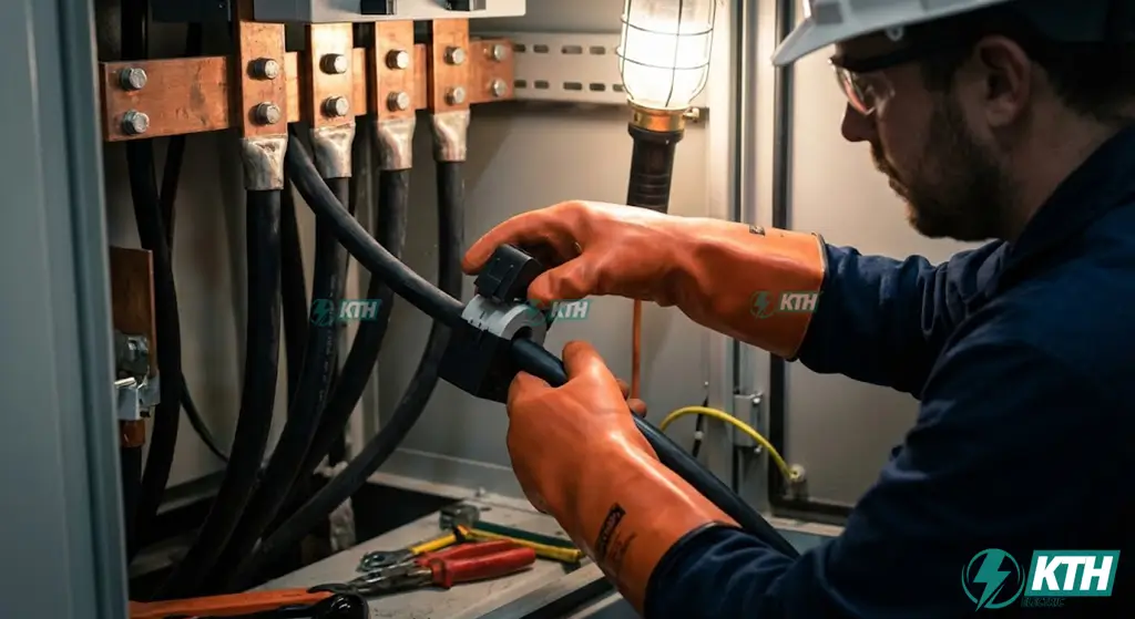 Hệ Thống Giám Sát Năng Lượng (EMS): Cách Giảm 30% Chi Phí Điện & Vận Hành 5 Kỹ sư điện KTH Electric thi công lắp đặt cảm biến dòng CT kẹp split-core an toàn không cần cắt điện