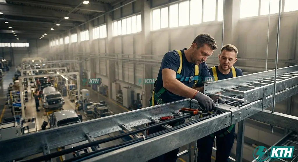 Đội ngũ kỹ thuật viên đang thi công lắp đặt hệ thống thang máng cáp điện trên cao tại nhà máy công nghiệp.