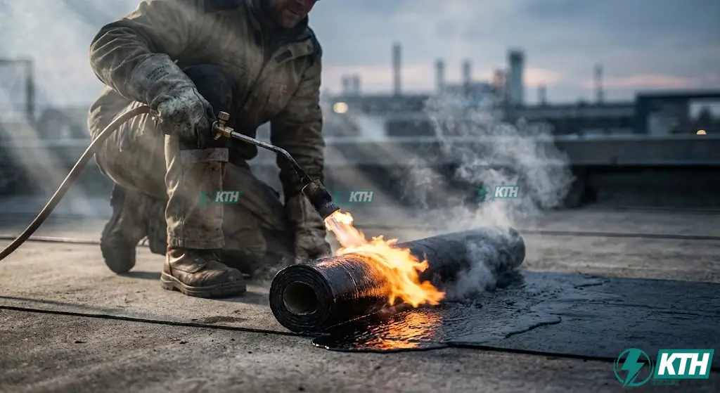 Cẩm Nang Chống Thấm 2026: 7 Giải Pháp & Báo Giá Từ Kỹ Sư 20 Năm 5 Quy trình thi công màng chống thấm khò nóng Bitum dày 3mm chịu nhiệt độ cao cho sàn mái bê tông.