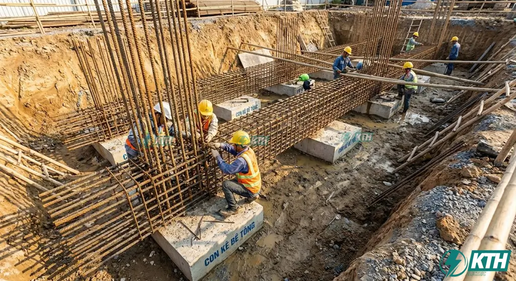 Thi công lắp đặt thép móng lệch tâm và đà kiềng nhà phố đúng kỹ thuật có sử dụng con kê bê tông.