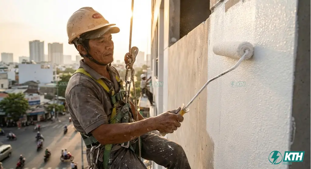 Thợ chống thấm chuyên nghiệp đang thi công lăn sơn chống thấm tường ngoài trời Kova CT-11A tại tphcm.