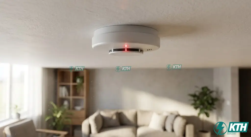 Cận cảnh thiết bị báo cháy gia đình lắp đặt trên trần thạch cao giúp phát hiện khói sớm và đảm bảo an toàn PCCC.