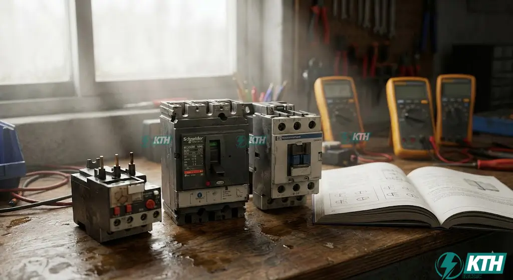 Hình ảnh thực tế các thiết bị điện công nghiệp phổ biến gồm Aptomat MCCB, Khởi động từ Contactor và Rơ le nhiệt chuẩn IEC.