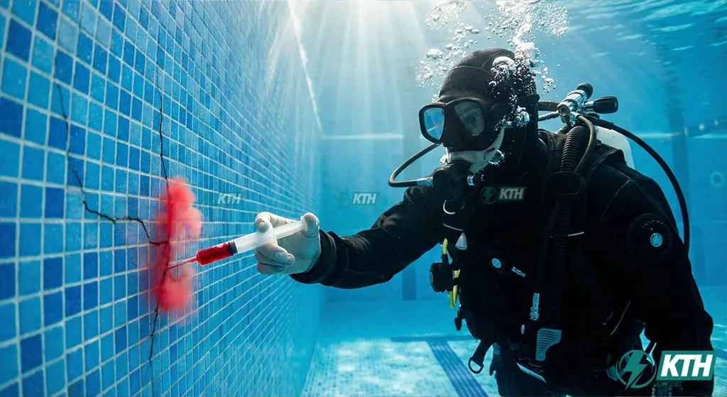 Xử Lý Rò Rỉ Nước Hồ Bơi: Dò Tìm Không Đục Phá - BH 2 Năm 2 Thợ lặn chuyên nghiệp của KTH Electric đang sử dụng thuốc nhuộm chuyên dụng để xác định chính xác vị trí vết nứt gây rò rỉ dưới đáy hồ bơi.