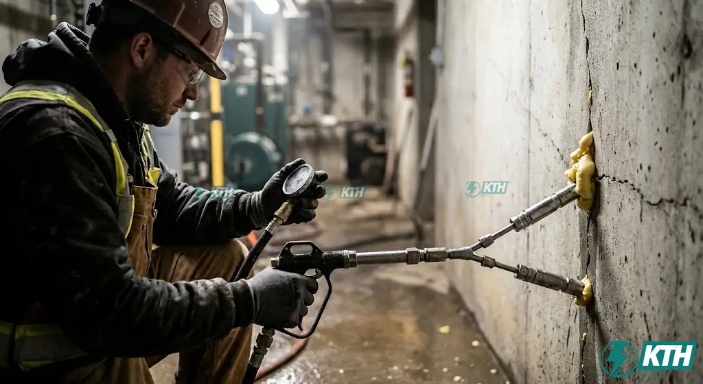 Thợ thi công đang quét lớp vữa chống thấm ngược gốc xi măng polymer lên tường gạch cũ đã bóc vữa.