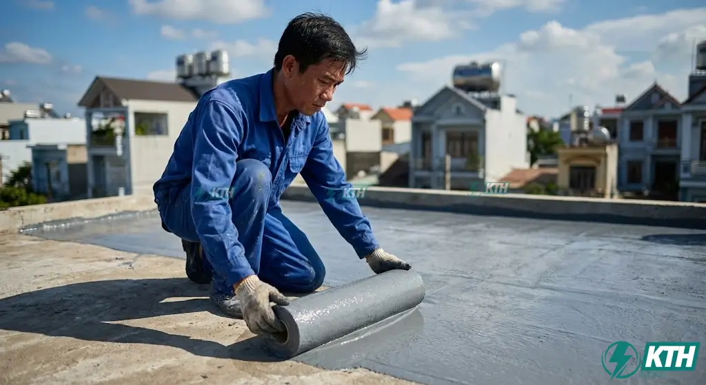 Cẩm Nang Chống Thấm 2026: 7 Giải Pháp & Báo Giá Từ Kỹ Sư 20 Năm 4 Thợ thi công đang quét lớp chống thấm Polyurethane lộ thiên kháng UV trên sàn mái sân thượng.