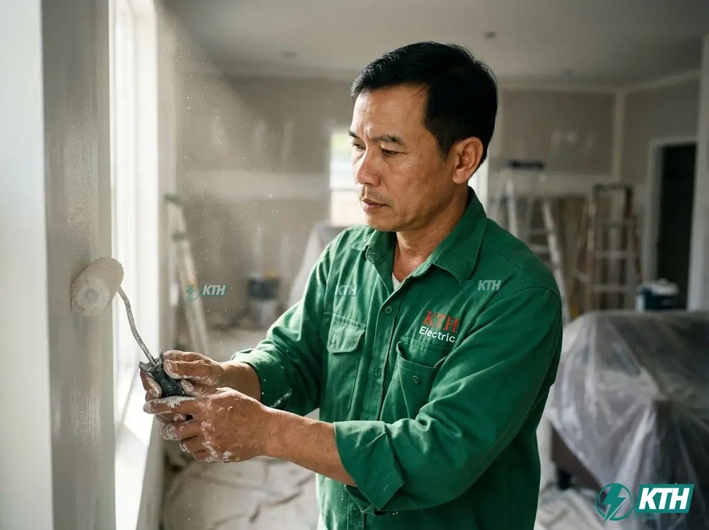 Báo Giá Dịch Vụ Sơn Nước Quảng Ngãi 2025 (Mới Nhất) - KTH Electric 5 Thợ sơn nhà chuyên nghiệp KTH Electric đang thi công lớp sơn lót kháng kiềm - Quy trình sơn nước chuẩn kỹ thuật tại Quảng Ngãi.