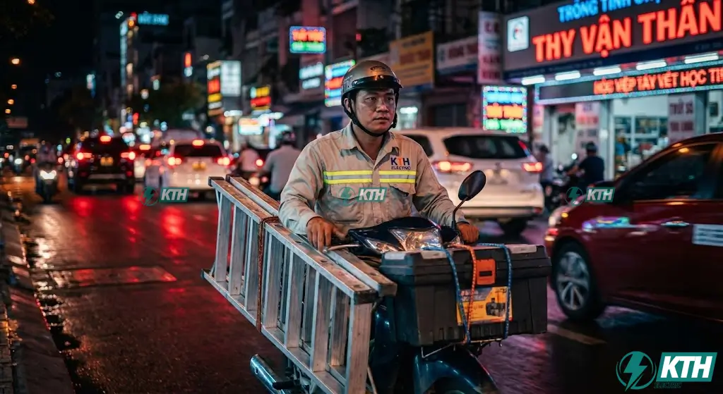 Đội ngũ thợ sửa điện đêm KTH Electric di chuyển bằng xe máy chuyên dụng tại các quận TPHCM.