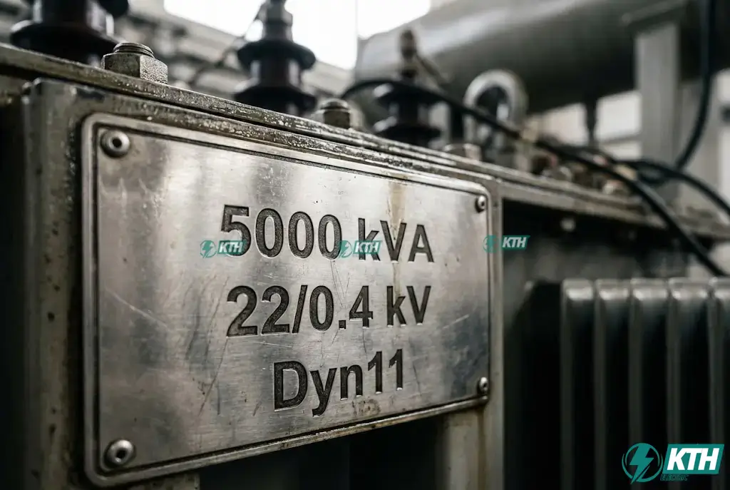 Nhãn máy biến áp 5000kVA hiển thị thông số công suất, điện áp 22/0.4kV và tổ đấu dây Dyn11 chuẩn TCVN.
