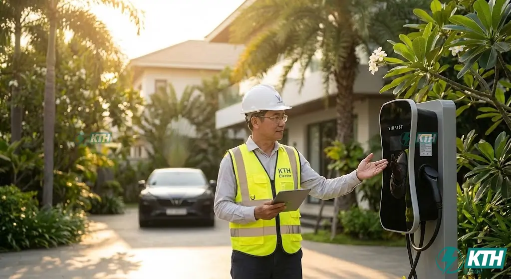 Chuyên gia KTH Electric khảo sát hiện trạng và tư vấn thủ tục xin phép lắp trạm sạc xe điện tại nhà 2025.