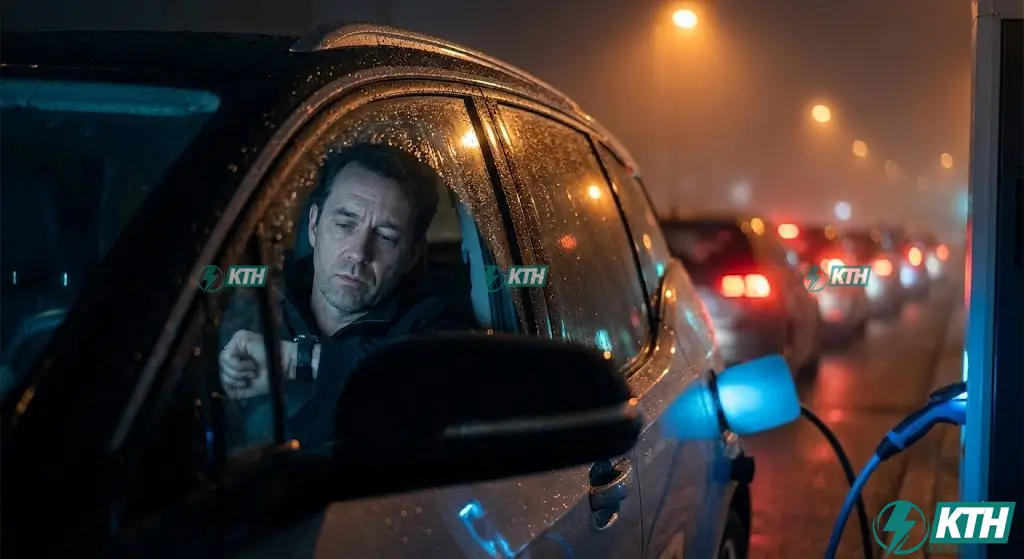 Thị Trường Xe Điện Việt Nam 2025: Bùng Nổ & Cảnh Báo Hạ Tầng Sạc 2 Người dùng mệt mỏi chờ đợi tại trạm sạc xe điện công cộng quá tải vào ban đêm, phản ánh thách thức về hạ tầng sạc tại các đô thị lớn.