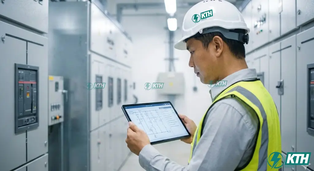 Kỹ sư điện kiểm tra danh mục bảo trì thiết bị điện theo tiêu chuẩn NFPA 70B 2025 trên máy tính bảng tại nhà máy công nghiệp.