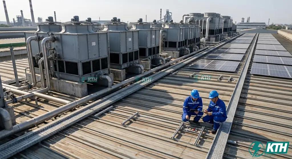 Hệ thống tháp giải nhiệt (Cooling Tower) và thang máng cáp điện nặng trên mái yêu cầu tính toán tải trọng kỹ lưỡng theo TCVN 2737:2023.