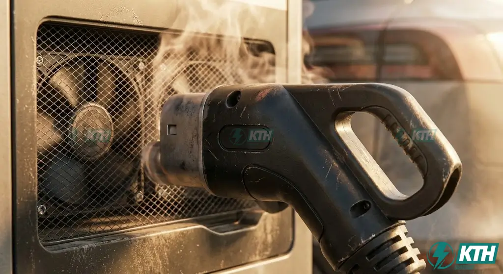 Chi Phí Vận Hành Trạm Sạc EV 2025: Bảng Tính Lãi Lỗ Chi Tiết 2 Cận cảnh đầu sạc nhanh DC CCS2 đang hoạt động với hiện tượng tỏa nhiệt cao, minh họa cho tổn hao điện năng và chi phí làm mát trong vận hành trạm sạc công suất lớn.