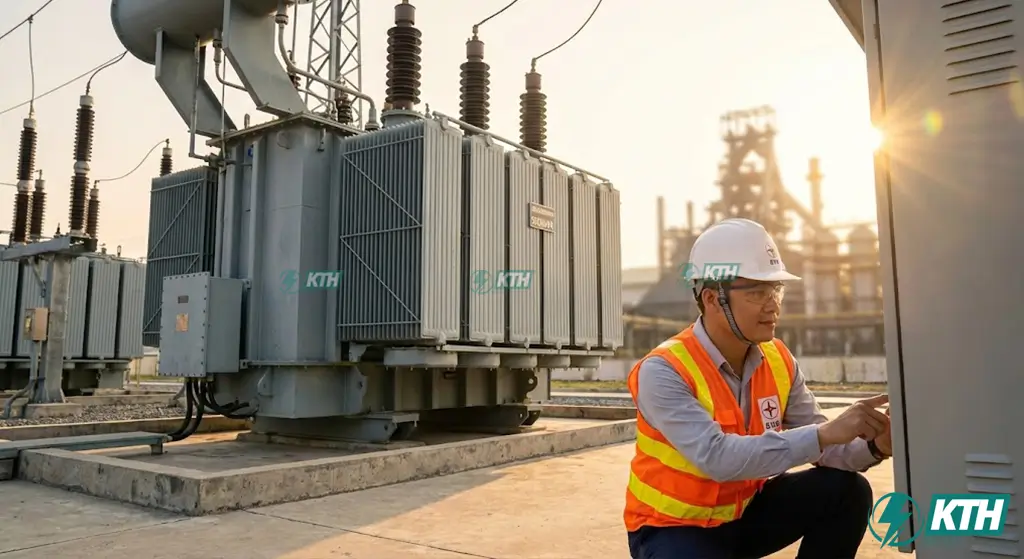 Trạm biến áp 5000kVA 3 pha lắp đặt tại khu công nghiệp với kỹ sư KTH Electric đang kiểm tra vận hành.
