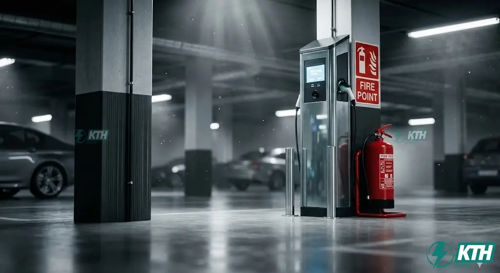 Thủ Tục Lắp Trạm Sạc Xe Điện Tại Nhà: Hướng Dẫn Kỹ Thuật & Pháp Lý 3 Trạm sạc xe điện tại hầm chung cư trang bị hệ thống phòng cháy chữa cháy PCCC và bình cứu hỏa an toàn theo nghị định 136/2020/NĐ-CP.