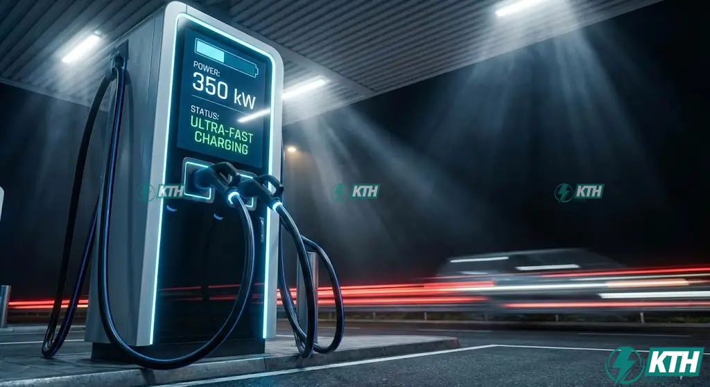 Công Suất Trạm Sạc EV: 7kW Hay 350kW? Cách Chọn Tiết Kiệm 2025 3 Hình ảnh thực tế trụ sạc siêu nhanh DC công suất 350kW với màn hình hiển thị thông số kỹ thuật tại trạm dừng nghỉ cao tốc.