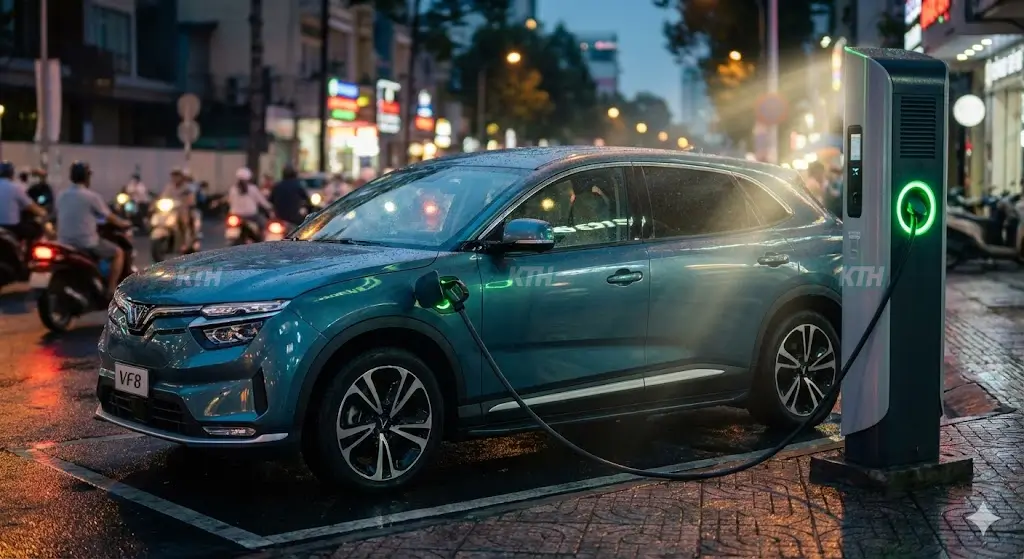 Trạm Sạc Gần Đây: 3 Cách Tìm, Giá Sạc & Lưu Ý An Toàn 2025 1 Xe ô tô điện màu xanh đang cắm sạc tại trạm sạc nhanh DC công cộng ở TP Hồ Chí Minh vào buổi tối với đèn LED báo hiệu trạng thái sạc.