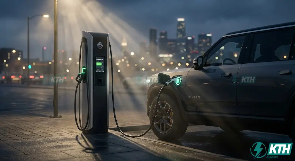 Quy Định PCCC Trạm Sạc Xe Điện 2025: Hướng Dẫn & TCVN 3890 1 Hình ảnh thực tế trạm sạc xe điện ngoài trời hiện đại vào buổi tối, được thiết kế tuân thủ các quy định an toàn PCCC mới nhất năm 2025 để ngăn ngừa cháy nổ.