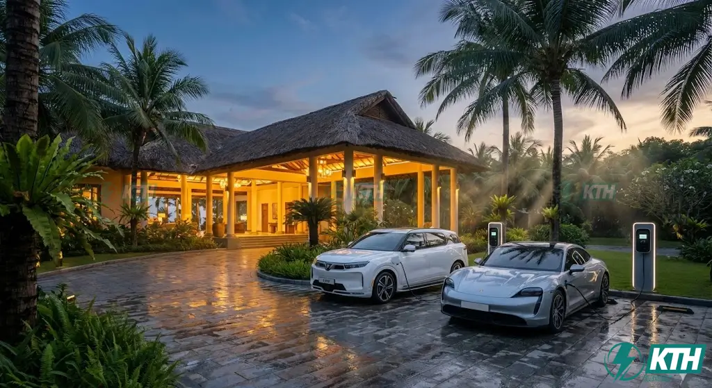 Giải Pháp Trạm Sạc Khách Sạn: Bí Quyết Hút Khách VIP & Tăng Doanh Thu 2025 1 Trạm sạc xe điện tại resort cao cấp giúp thu hút khách hàng đi xe VinFast và Porsche.
