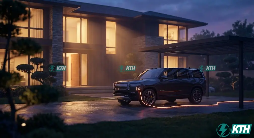 5 Loại Trạm Sạc EV Phổ Biến & Cách Chọn Để Không "Chai Pin" (2025) 1 Hình ảnh xe ô tô điện đang sạc pin tại nhà với trạm sạc treo tường vào buổi tối, thể hiện giải pháp sạc xe điện tiện lợi.