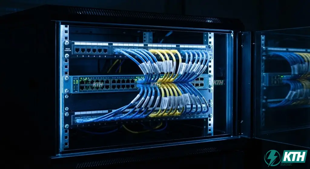 Báo Giá Thi Công Mạng LAN 2025: Bảng Giá Vật Tư & Nhân Công 4 Hệ thống tủ Rack mạng LAN hoàn thiện với dây cáp được đánh nhãn (labeling) rõ ràng và sắp xếp khoa học trong báo giá trọn gói.