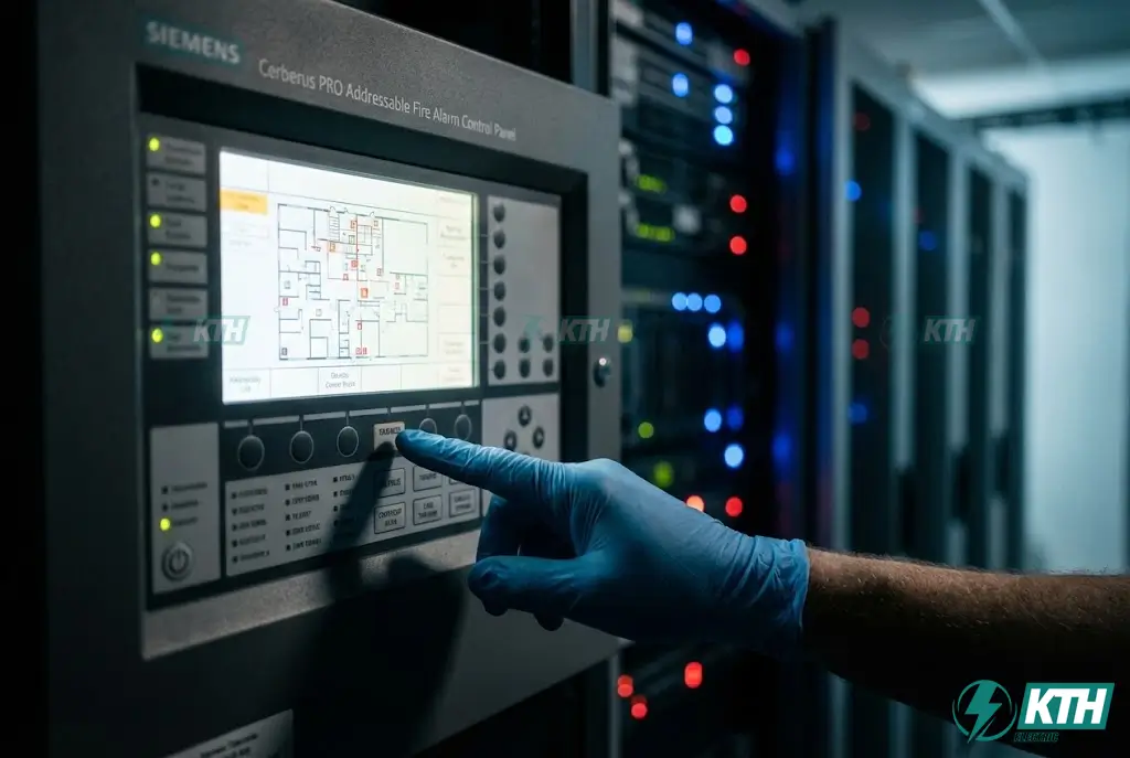 Lắp Đặt Hệ Thống PCCC Trọn Gói: Báo Giá & Quy Trình Chuẩn TCVN 2025 2 Kỹ thuật viên cài đặt tủ trung tâm báo cháy địa chỉ Hochiki hiển thị chính xác vị trí sự cố cháy nổ.
