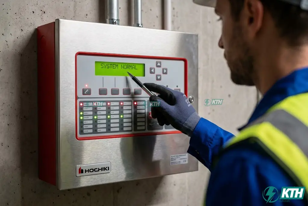 Tủ trung tâm báo cháy địa chỉ hiển thị trạng thái hoạt động bình thường và đèn báo nguồn AC.