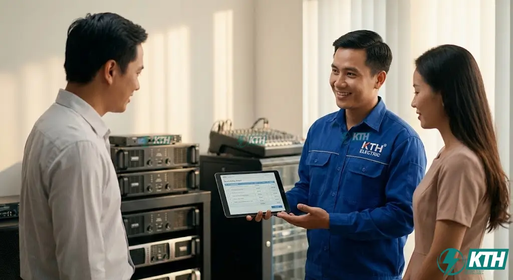 Kỹ sư KTH Electric tư vấn bảng báo giá lắp đặt hệ thống âm thanh trọn gói minh bạch cho khách hàng tại văn phòng TP.HCM.