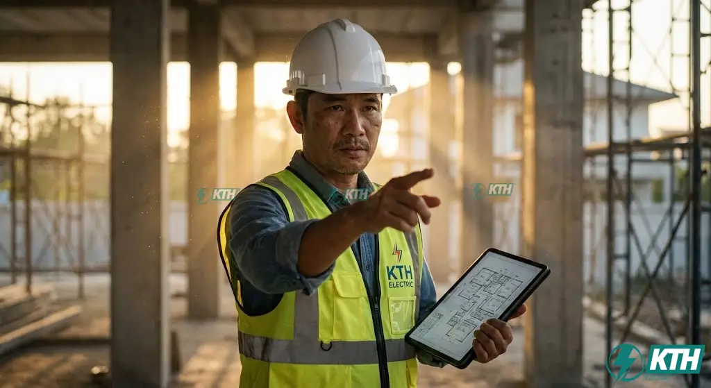 Kỹ sư tư vấn giám sát thi công xây dựng và cơ điện M&E đang kiểm tra bản vẽ trên máy tính bảng tại công trình biệt thự.