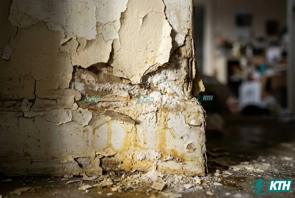 Hiện tượng tường nhà bị bong tróc sơn và sủi bọt trắng do thấm ngược từ nền móng lên.