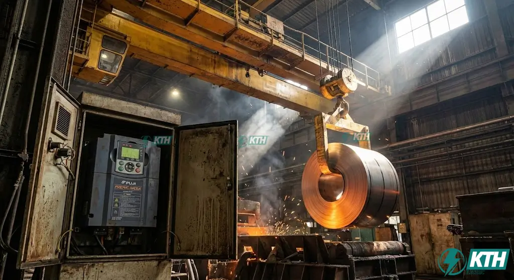 Ứng dụng biến tần Fuji MEGA cho cầu trục nâng hạ tải nặng trong nhà máy thép.