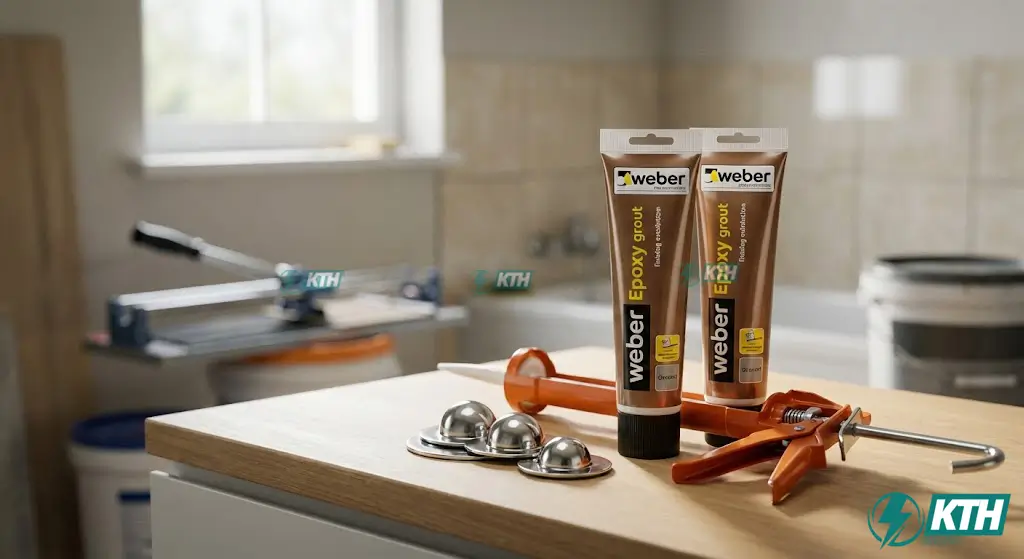 Bộ vật liệu keo ron Epoxy 2 thành phần chính hãng (Weber/Saveto) màu nâu cafe và dụng cụ thi công chuyên dụng của KTH Electric.