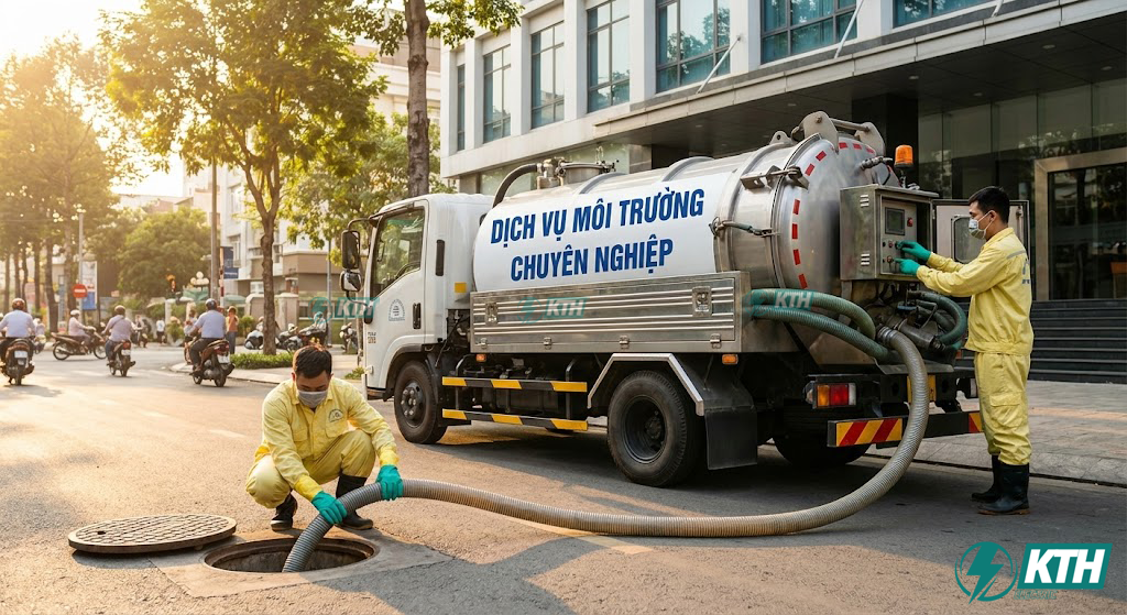 Nghị Định 80/2014/NĐ-CP: Cẩm Nang Thoát Nước & Xử Lý Nước Thải (2025) 3 Xe hút bể phốt chuyên dụng hiện đại đang thực hiện thu gom bùn thải tại một tòa nhà văn phòng, đảm bảo quy trình kín và an toàn môi trường theo Nghị định 80/2014/NĐ-CP.