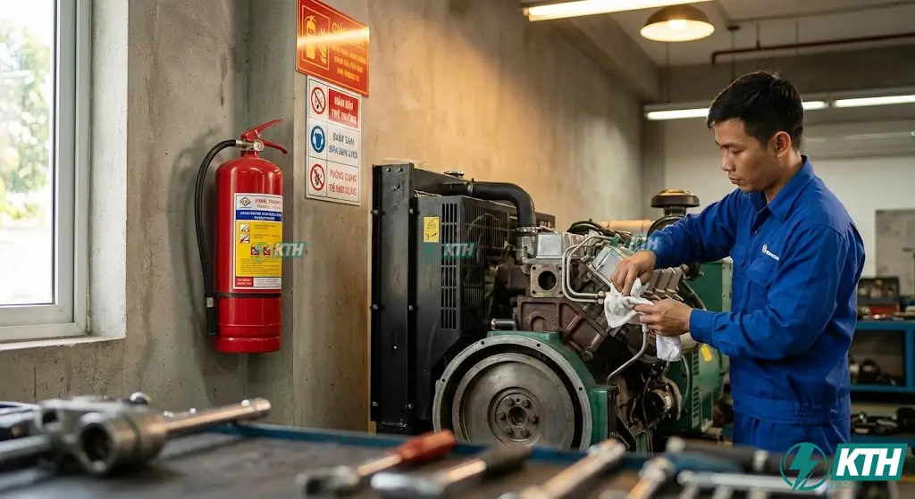 Trang bị bình chữa cháy và tuân thủ giám sát an toàn điện khi bảo dưỡng hệ thống nhiên liệu Diesel.