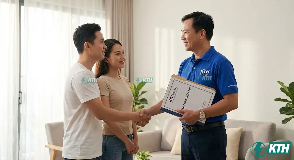 Kỹ sư KTH Electric bàn giao báo cáo kiểm tra điện chi tiết và tư vấn giải pháp an toàn cho chủ nhà.