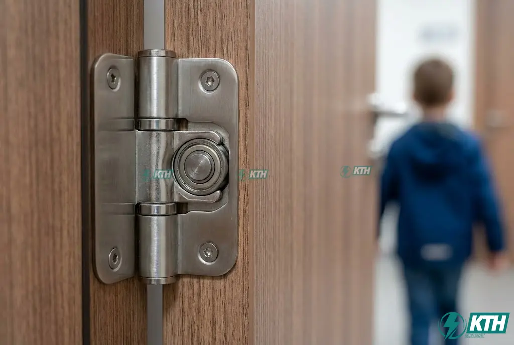 Bản lề trọng lực inox 304 tự đóng mở êm ái trên cửa vách ngăn vệ sinh, chống kẹt tay cho bé.
