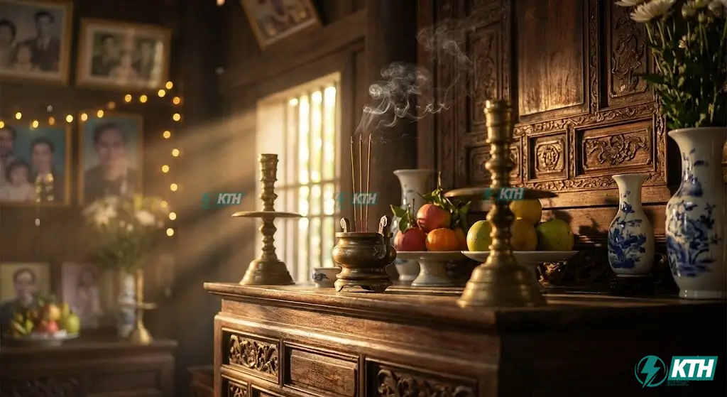 Bàn thờ gia tiên gỗ được thiết kế theo kích thước thước lỗ ban 38.8cm âm phần, rơi vào cung Vượng và cung Đinh để cầu phúc lộc.