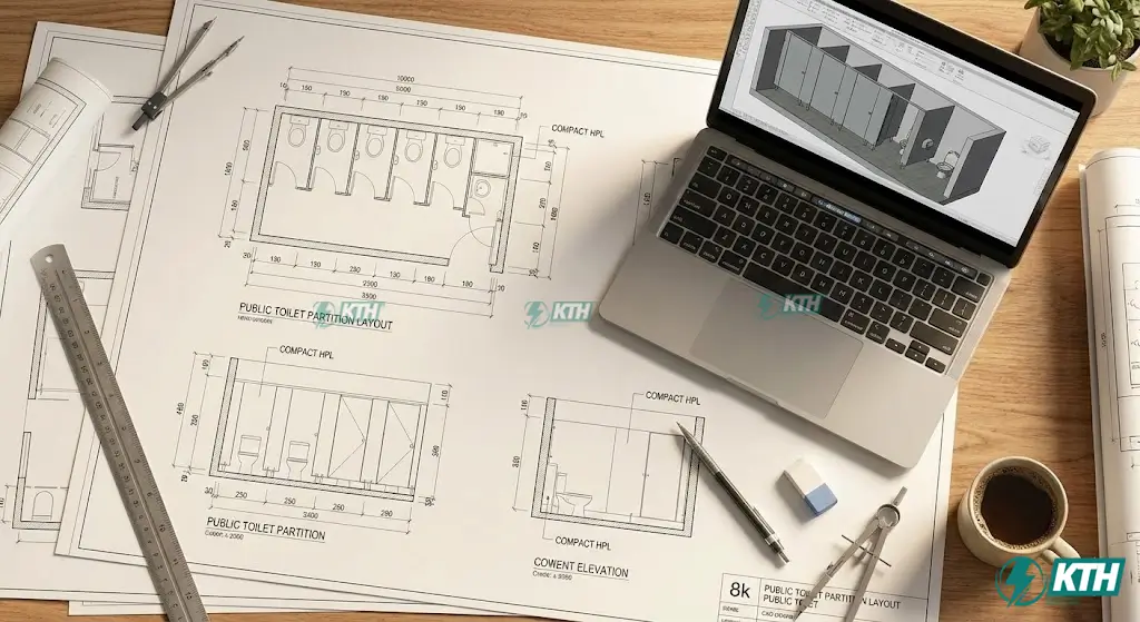 Bản vẽ chi tiết CAD vách ngăn vệ sinh và kích thước tiêu chuẩn cho thiết kế nhà máy.