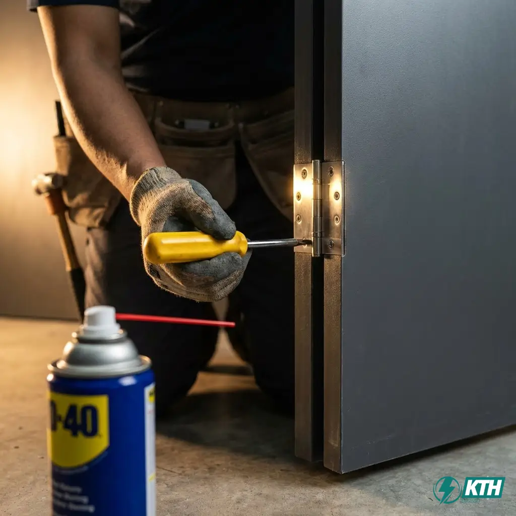 Kỹ thuật viên đang siết ốc vít và tra dầu bảo dưỡng bản lề inox của vách ngăn vệ sinh Compact để chống xệ cánh và rỉ sét.