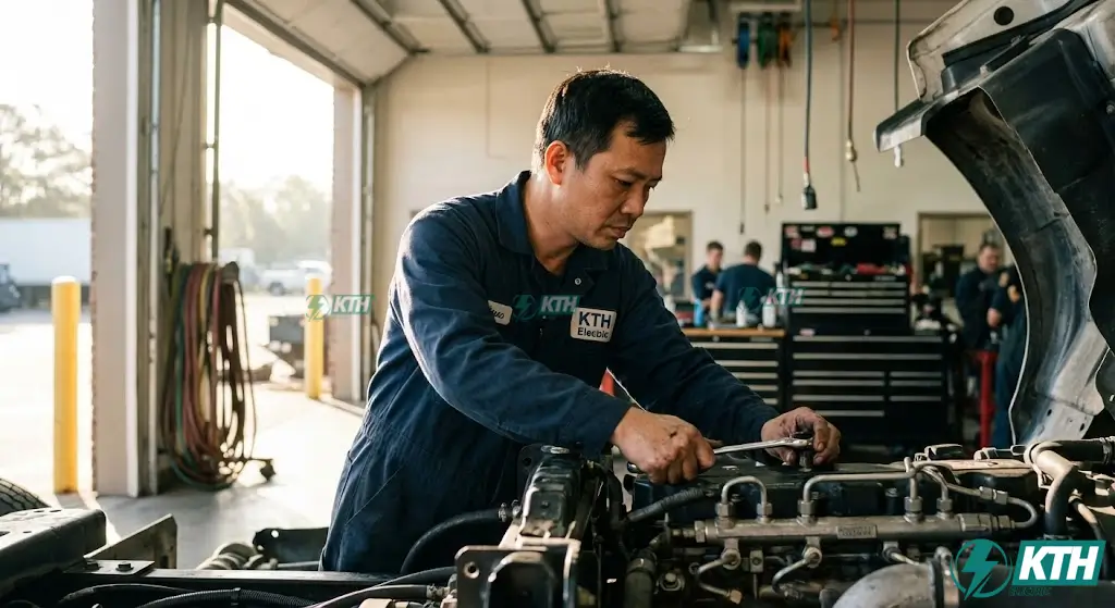 Kỹ thuật viên KTH Electric đang thực hiện quy trình bảo dưỡng bơm cao áp Diesel và kiểm tra hệ thống Common Rail cho xe tải.