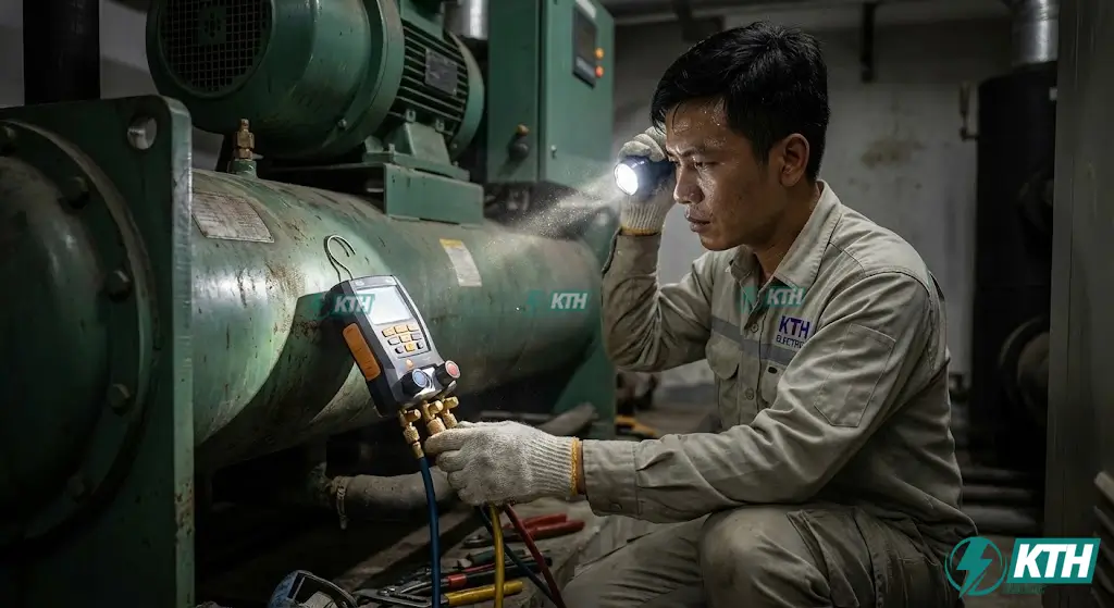 Kỹ thuật viên KTH Electric đang thực hiện quy trình bảo dưỡng, đo áp suất gas và kiểm tra hiệu suất vận hành của hệ thống Chiller.