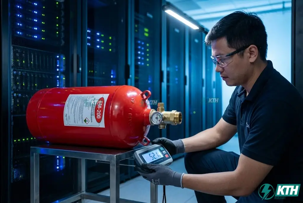 Kiểm tra trọng lượng bình khí chữa cháy FM-200 tại phòng Server để xác định lượng khí hao hụt theo tiêu chuẩn an toàn PCCC.