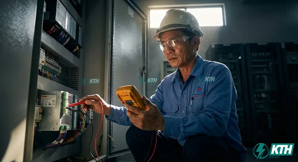 Dịch vụ bảo trì và sửa chữa tủ điện PLC, kiểm tra lỗi tín hiệu bằng đồng hồ đo chuyên dụng.
