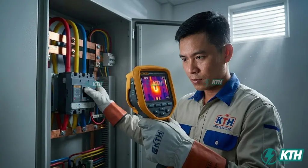 Kỹ thuật viên KTH Electric sử dụng camera nhiệt kiểm tra các điểm phát nhiệt (hotspot) trong tủ điện tổng MSB để ngăn ngừa sự cố chập cháy.