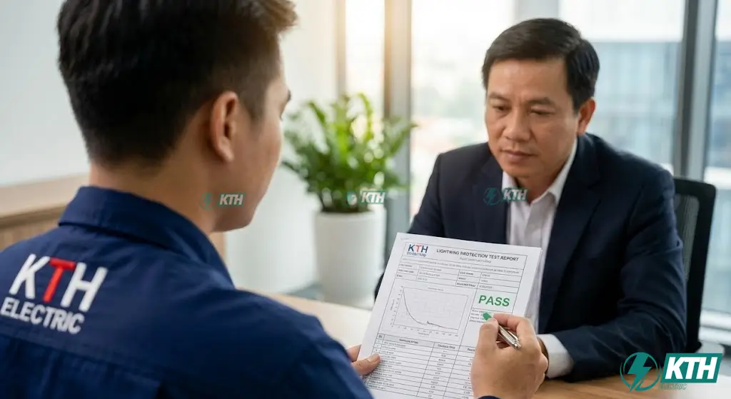 Kỹ sư KTH Electric bàn giao biên bản kiểm định hệ thống chống sét và tư vấn giải pháp an toàn điện cho chủ đầu tư.