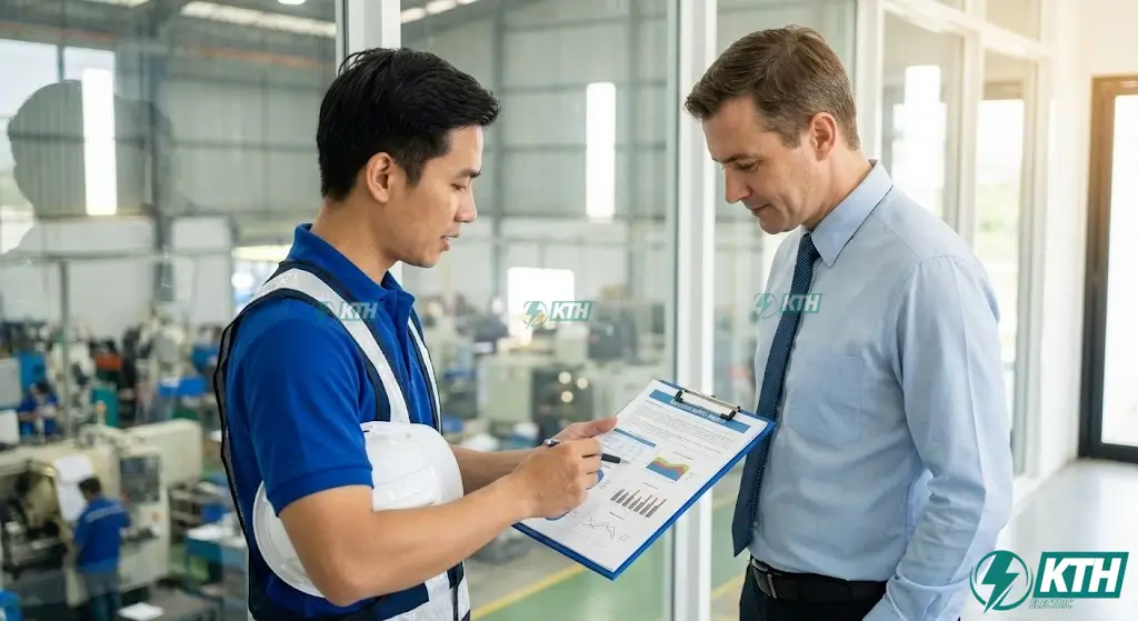 Bàn giao biên bản kiểm tra an toàn điện và tư vấn giải pháp khắc phục sự cố cho chủ doanh nghiệp.