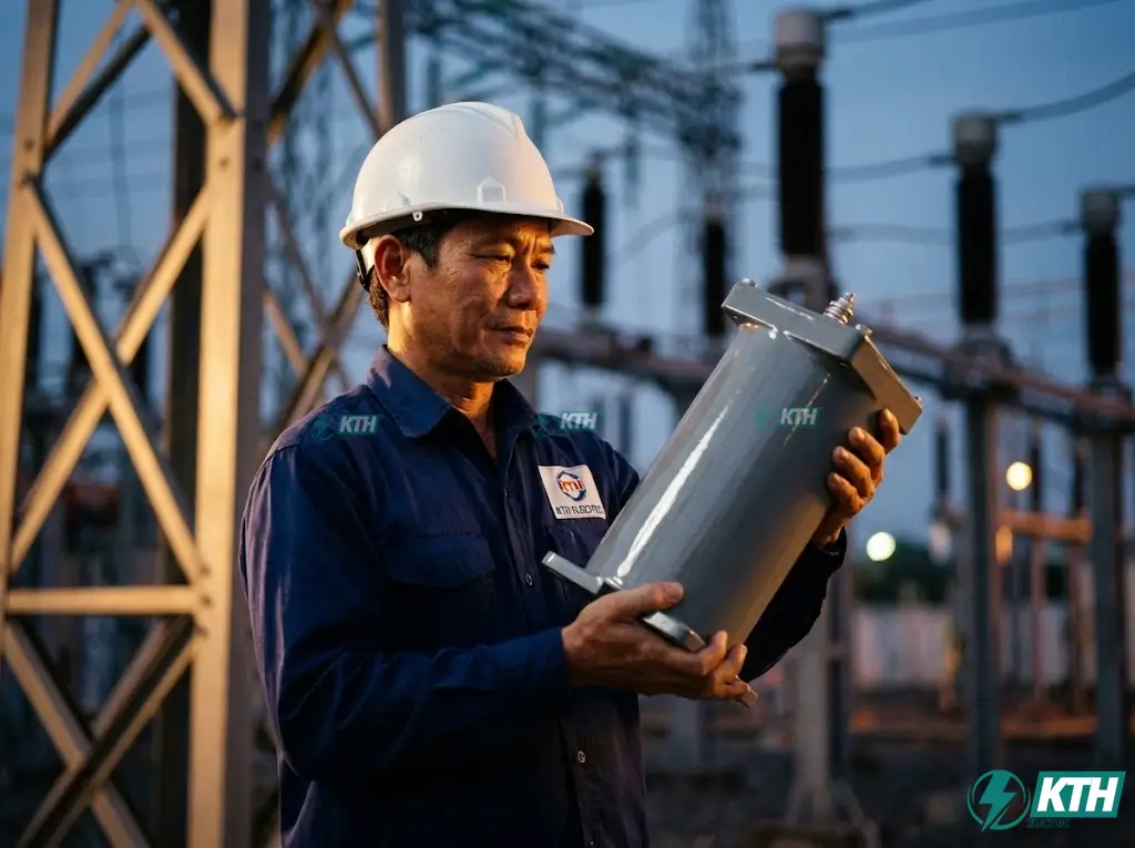 Kỹ sư điện KTH Electric kiểm tra máy biến điện áp trung thế Esitas chính hãng Thổ Nhĩ Kỳ trước khi lắp đặt tại trạm biến áp.