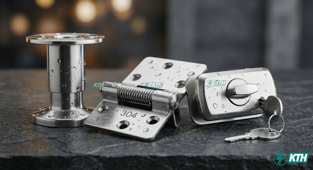 Bộ phụ kiện vách ngăn vệ sinh Inox 304 cao cấp chống rỉ sét bao gồm chân, khóa, bản lề.