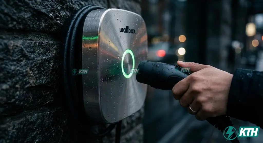 Dịch Vụ Lắp Trạm Sạc Xe Điện (EV Charger) Uy Tín - Bảng Giá 2026 2 Cận cảnh bộ sạc treo tường Wallbox 22kW chính hãng có đèn LED hiển thị trạng thái và súng sạc chuẩn Type 2 chống nước IP65.